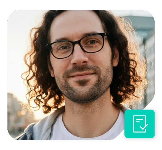 Portrait of an IT professional outdoors, with the Segura™ Certificate Manager icon in the corner