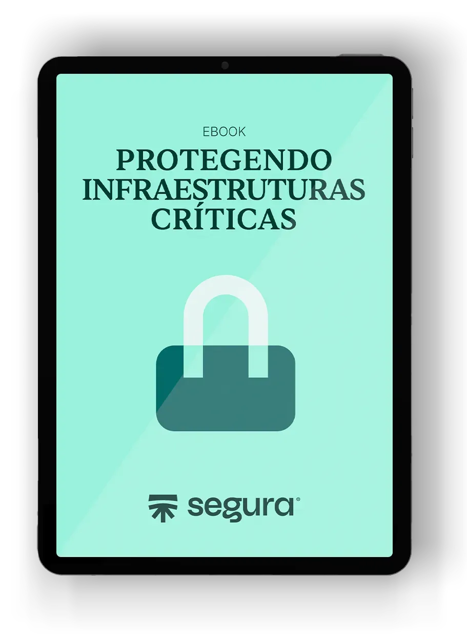 Tablet com a capa do ebook “Protegendo Infraestruturas Críticas”