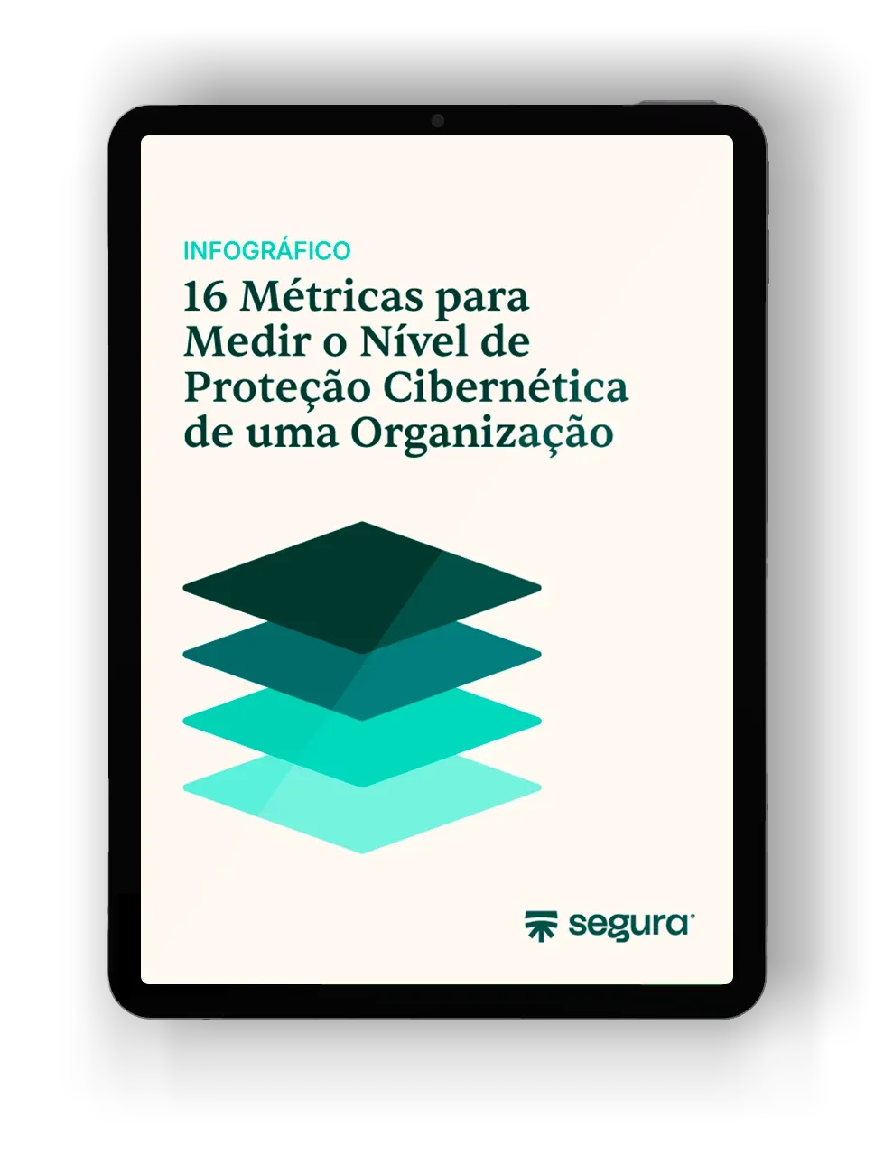 Tablet com a capa do infográfico “16 Métricas para Medir o Nível de Proteção Cibernética de uma Organização”