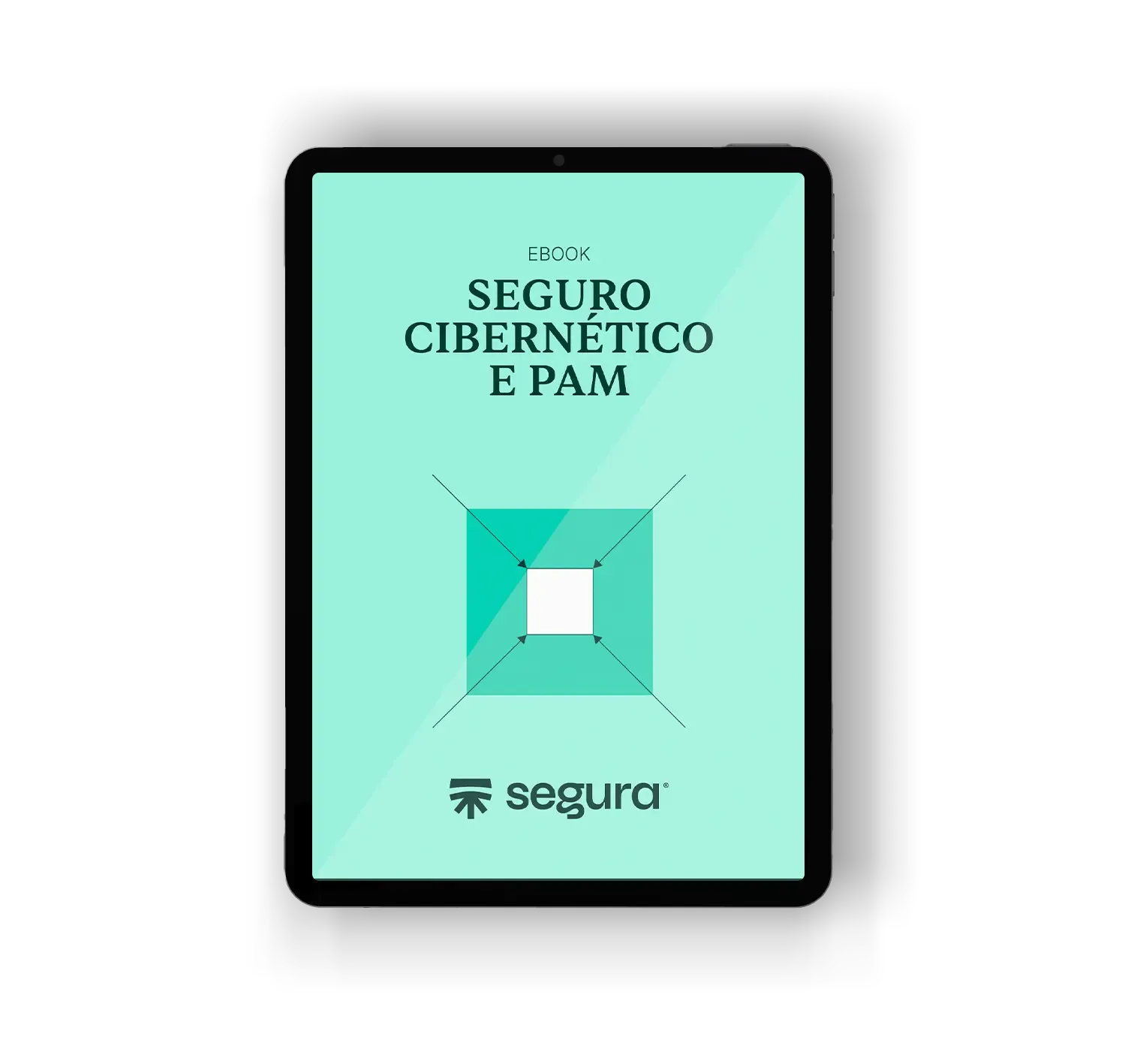 Tablet com a capa do ebook “Seguro Cibernético e PAM”