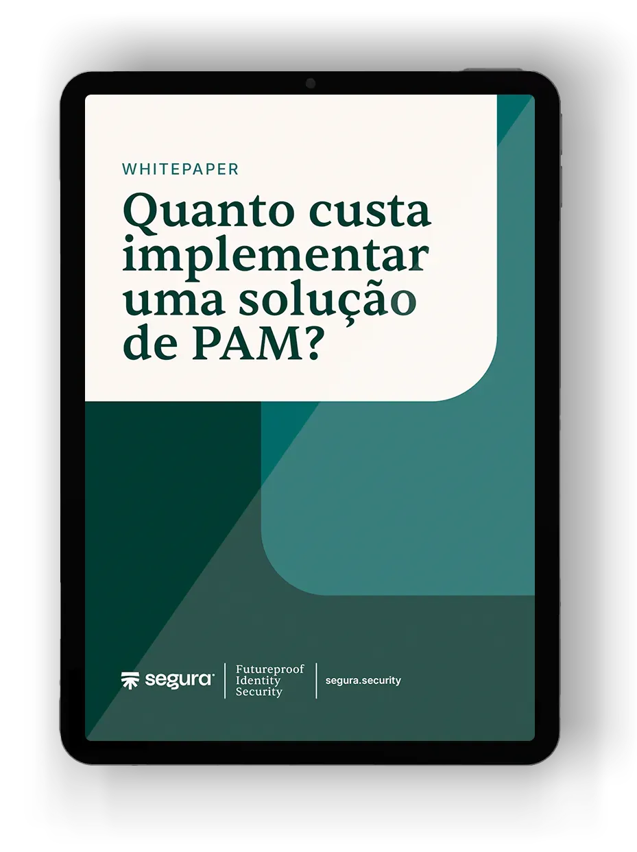 Tablet com a capa do whitepaper “Quanto custa implementar uma solução de PAM?”