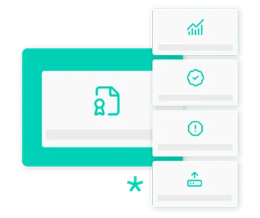 A digital certificate card beside a stack of Certificate Manager shortcuts for reporting, validation, alerts and publishing