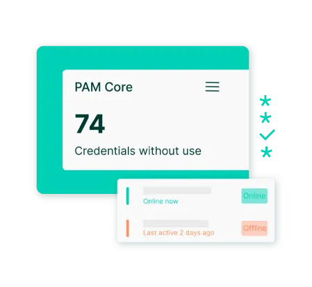 Cartão do PAM Core apontando 74 credenciais sem uso, acima de uma lista com status online e offline de usuários