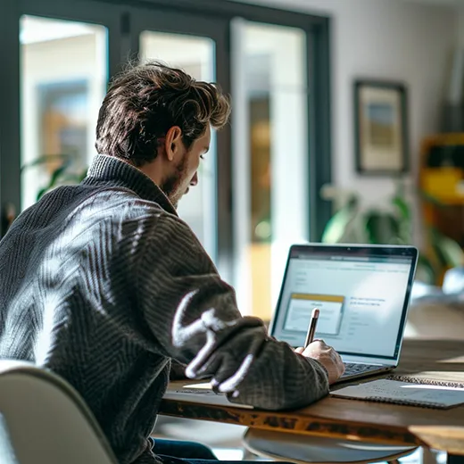 Homem fazendo anotações diante de um laptop numa mesa iluminada pelo sol