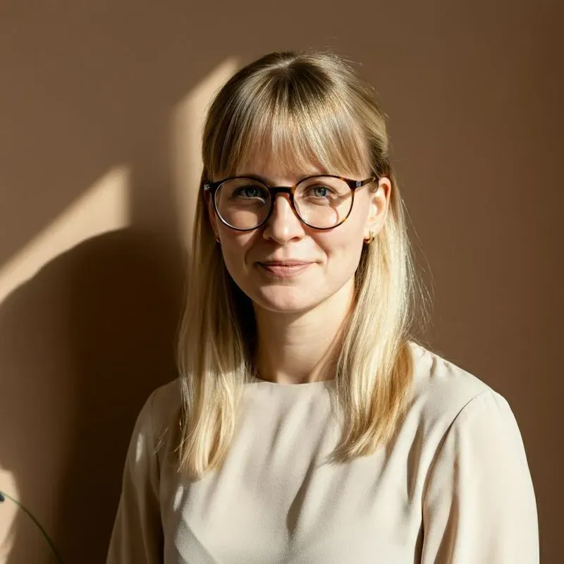 Smiling professional wearing glasses in a naturally lit portrait