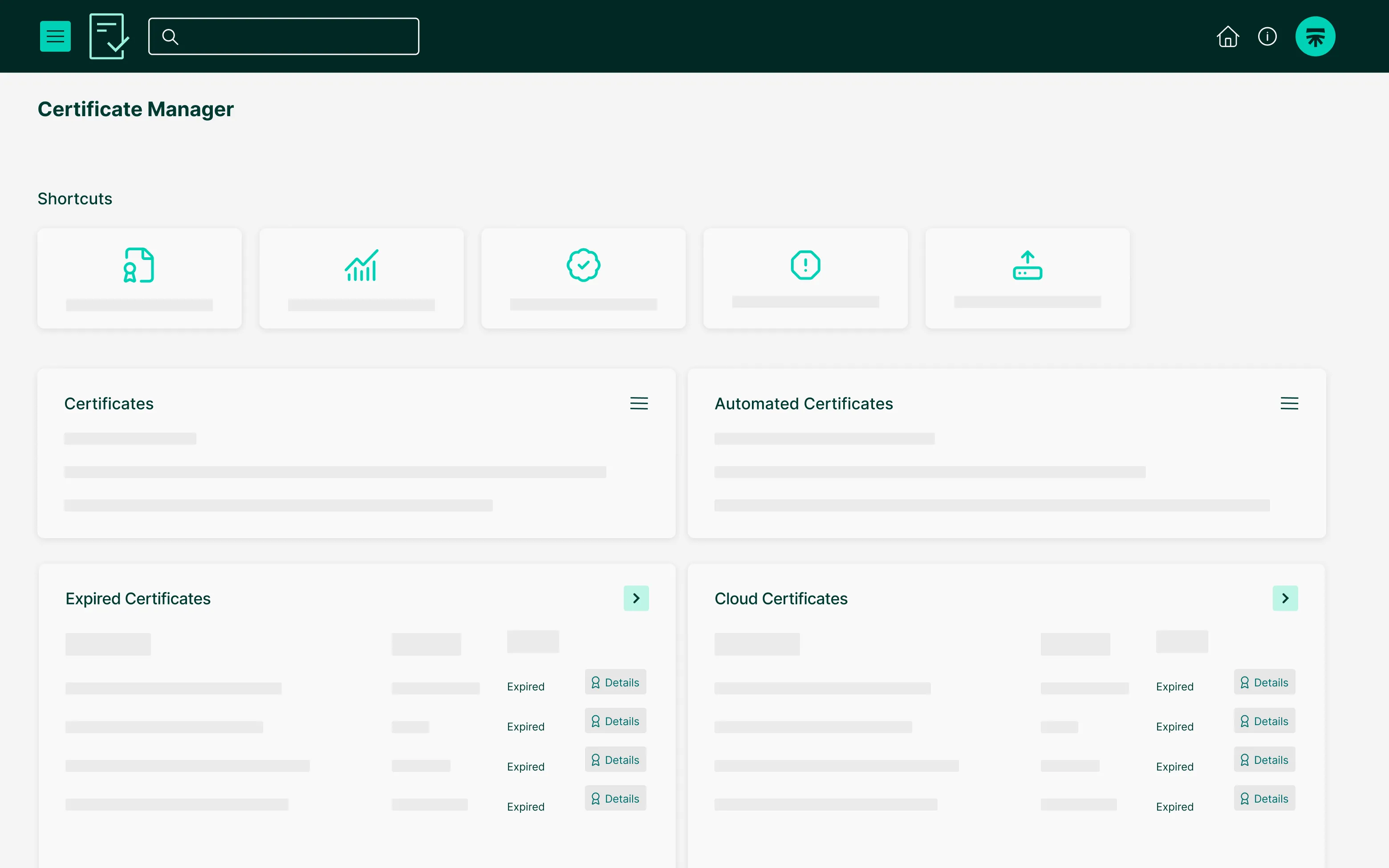 Segura™ Certificate Manager dashboard with shortcuts and panels of certificates by status