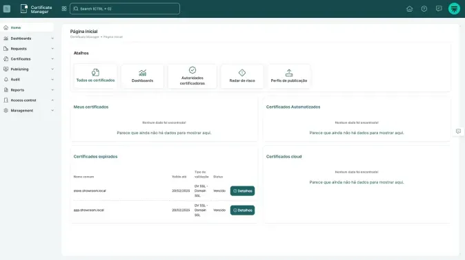 Segura™ Certificate Manager home screen with shortcuts and lists of expired and cloud certificates