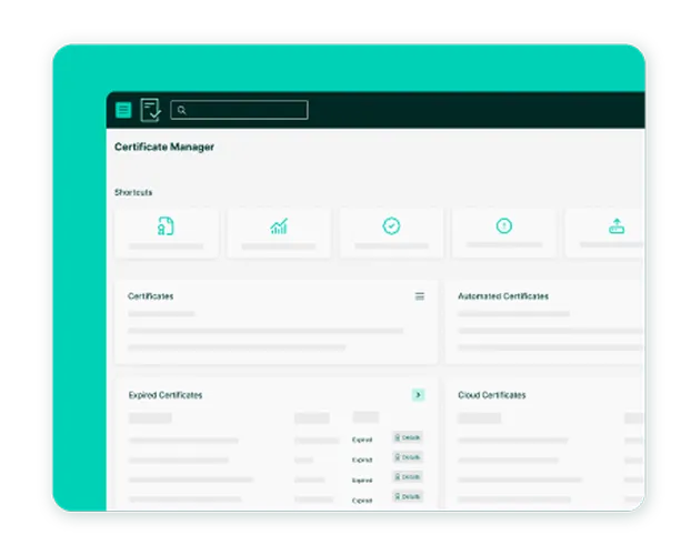 Segura™ Certificate Manager dashboard on a green backdrop, with shortcuts and certificate panels