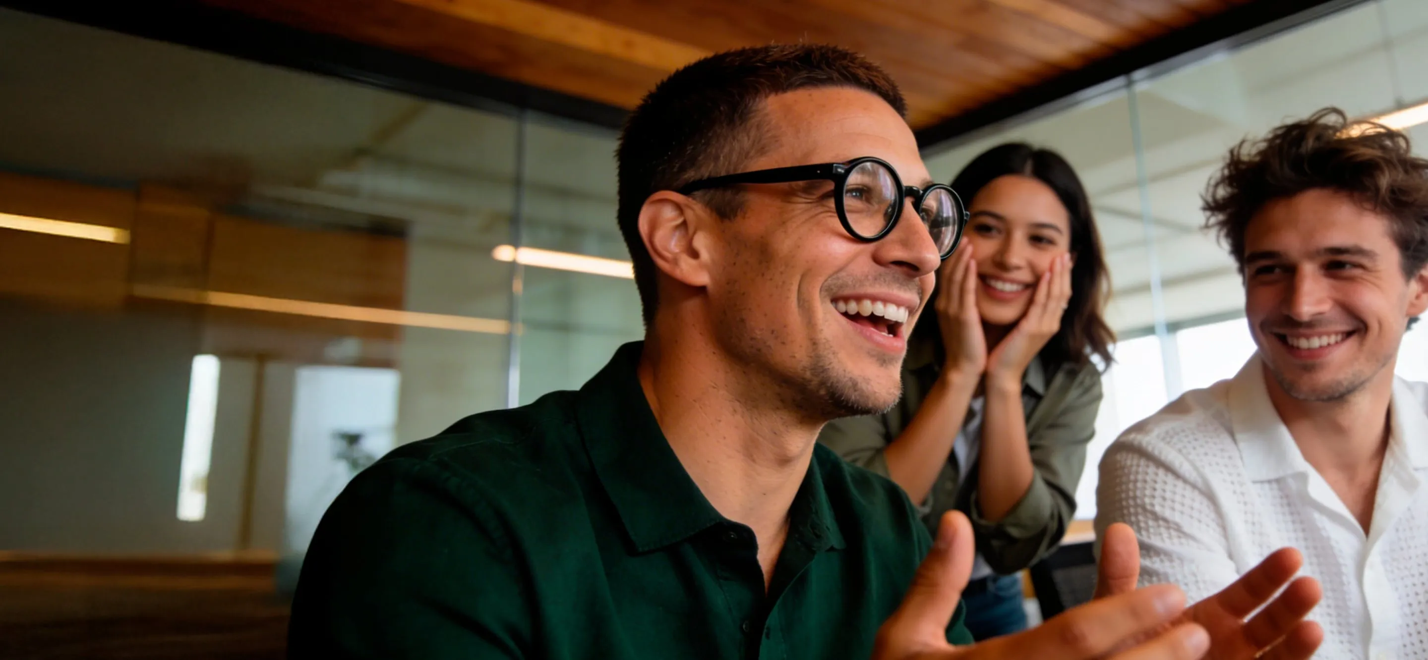 Smiling man in glasses laughing in office with wooden ceiling.