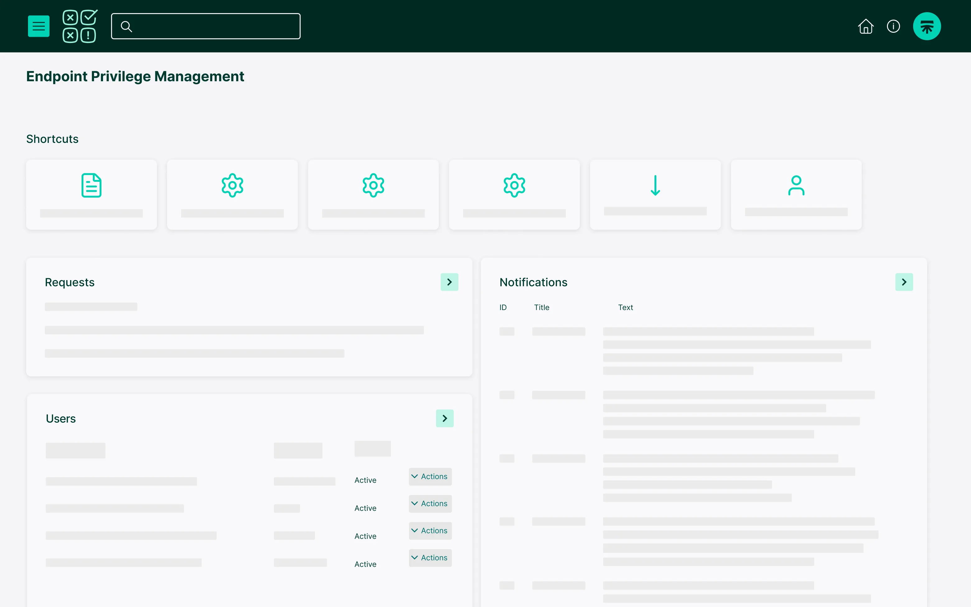 Segura™ EPM dashboard with shortcuts and the Requests, Notifications and Users panels
