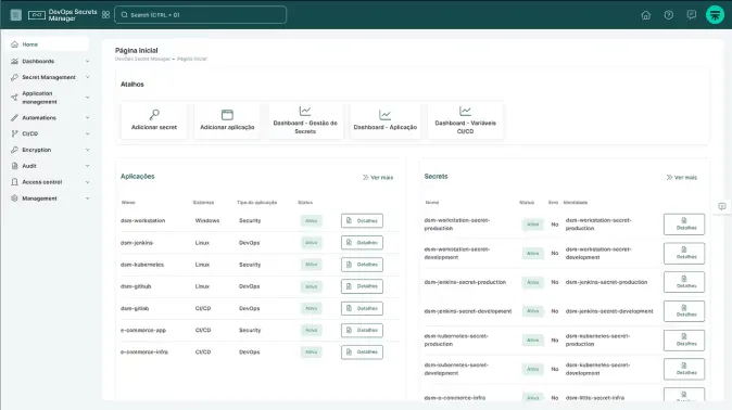Segura™ DevOps Secrets Manager screen listing applications and their secrets