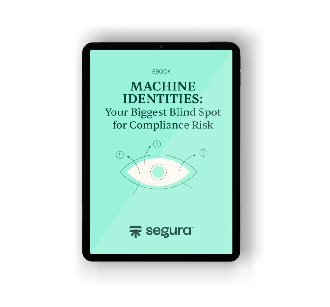 Tablet showing the cover of the ebook “Machine Identities: Your Biggest Blind Spot for Compliance Risk”
