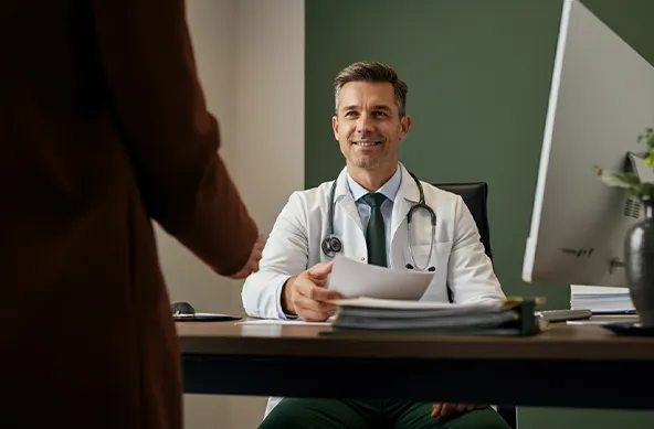 Smiling doctor in a white coat at his desk, handing paperwork to a visitor