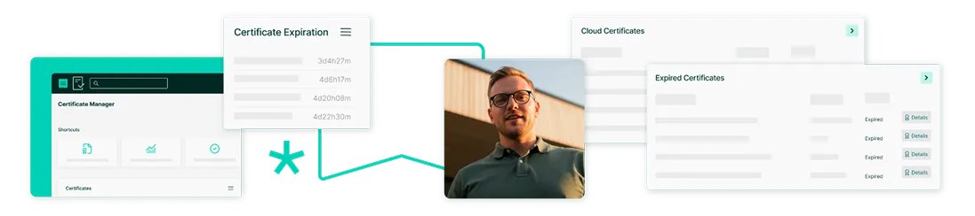 Segura™ Certificate Manager panels around a photo of an IT professional