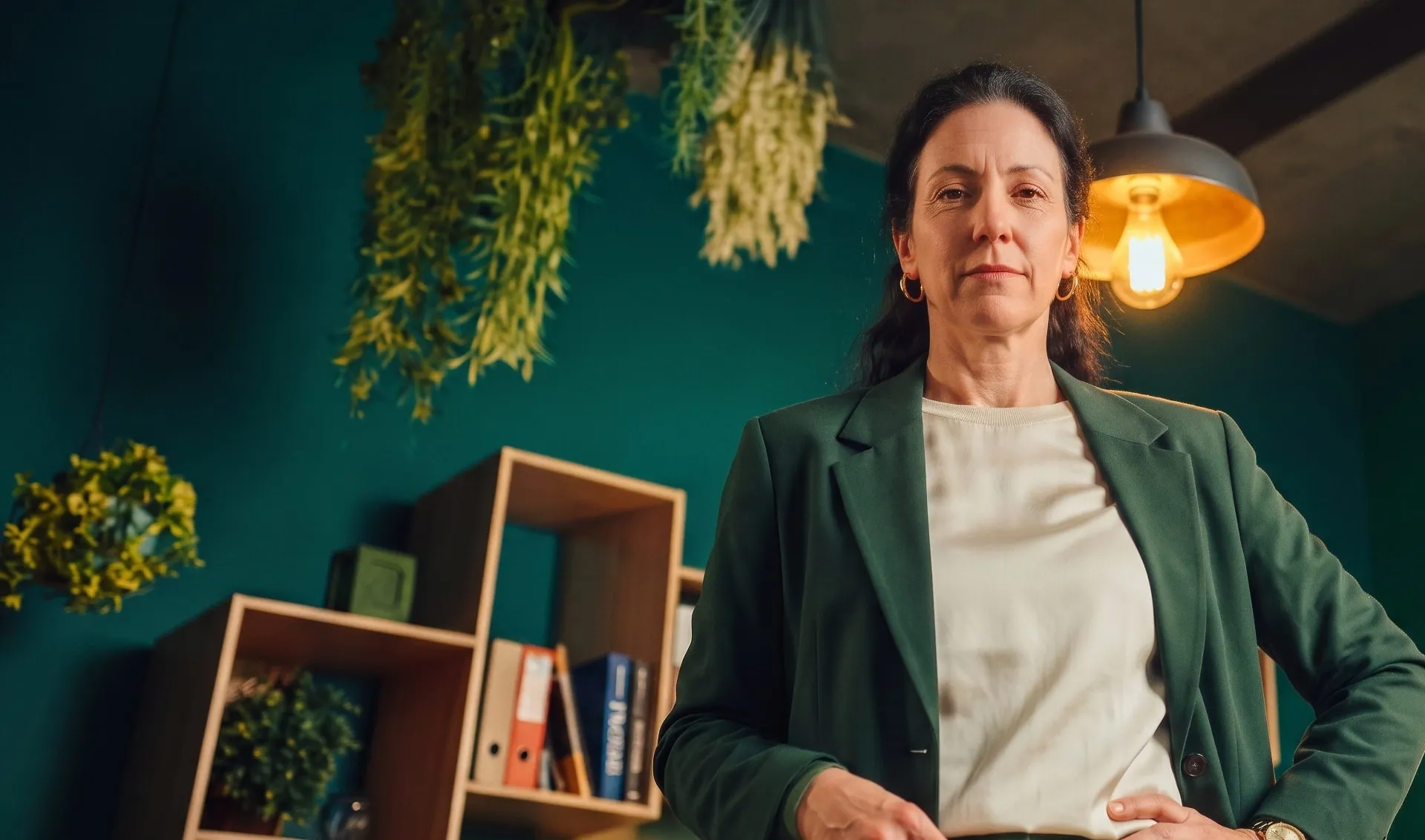 Woman in a green blazer standing with her hands on her hips in an office.