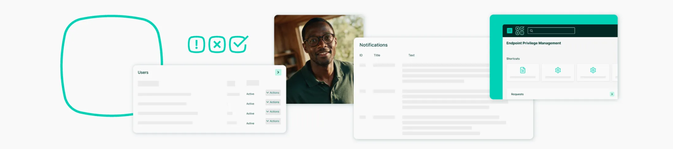 Segura™ Endpoint Privilege Management panels around a photo of a professional
