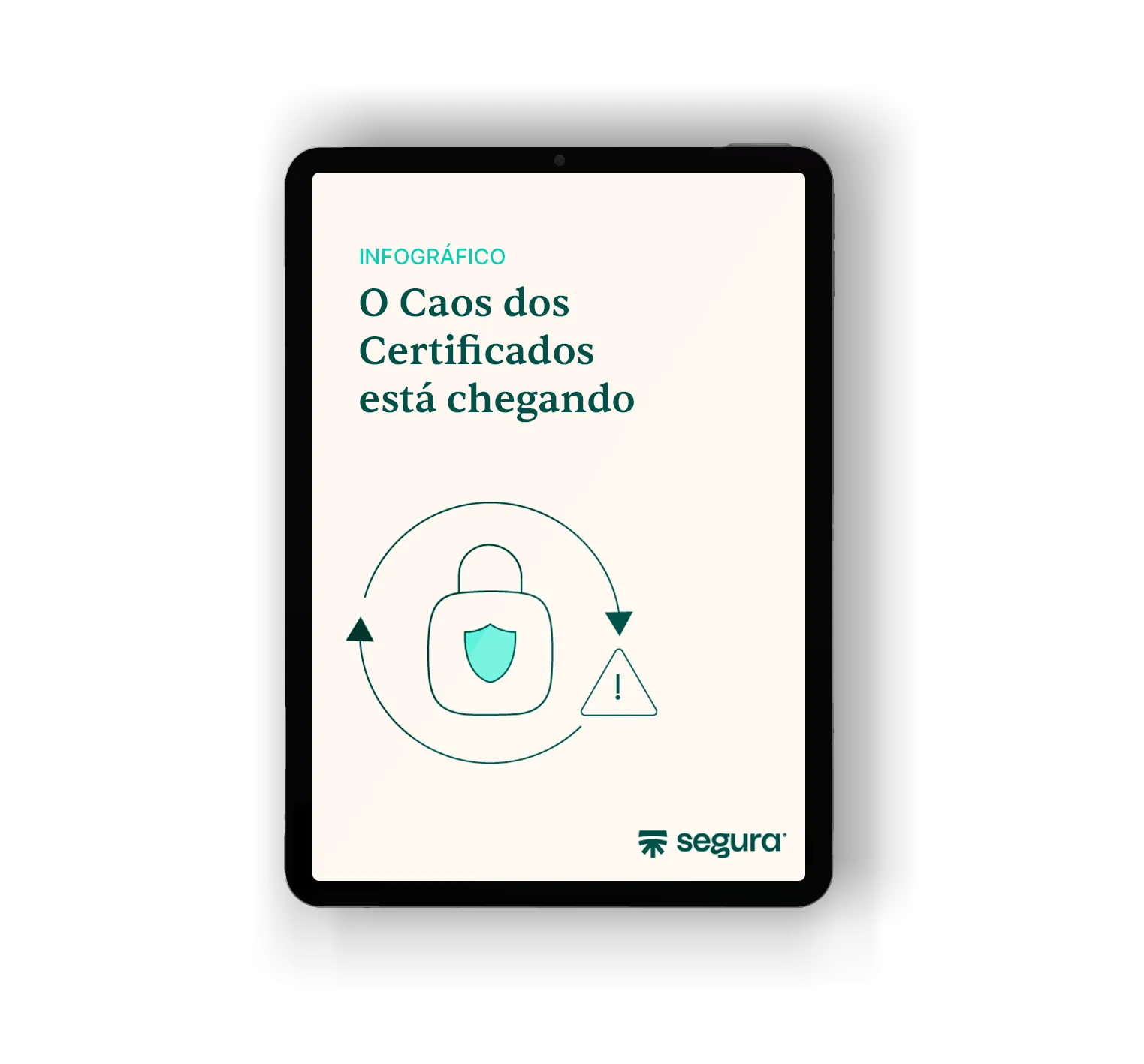 Tablet com a capa do infográfico “O Caos dos Certificados está chegando”