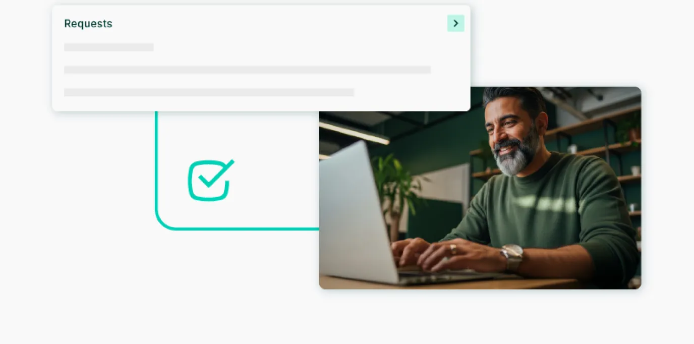 A smiling professional at his laptop, linked to a Segura™ EPM Requests panel and an approval checkmark