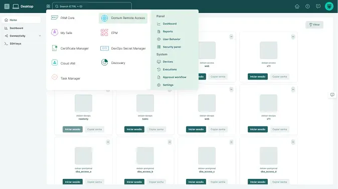 Segura™ PAM Core screen with the product menu open over a grid of servers ready to start a session