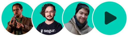 Webinar speakers Rodrigo Haidar, Evandro Gonçalves and Leonardo Chillemi next to a play button