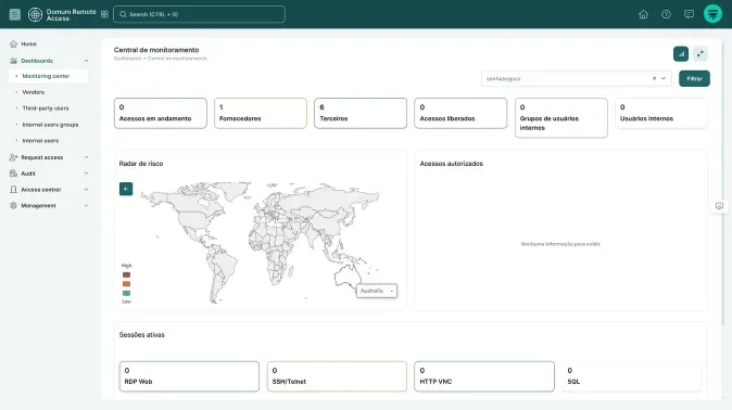 Segura™ Remote Access monitoring center with session counters, a risk radar world map and active sessions by protocol