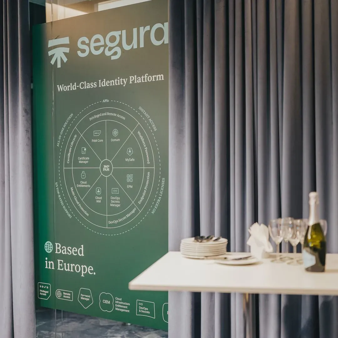 Segura™ “Based in Europe” panel with the platform diagram, next to a reception table
