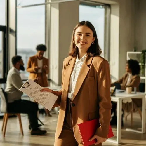 Smiling professional holding documents in an office, with colleagues talking in the background