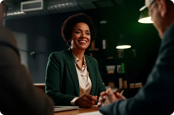 Smiling professional talking with colleagues across a table in an office