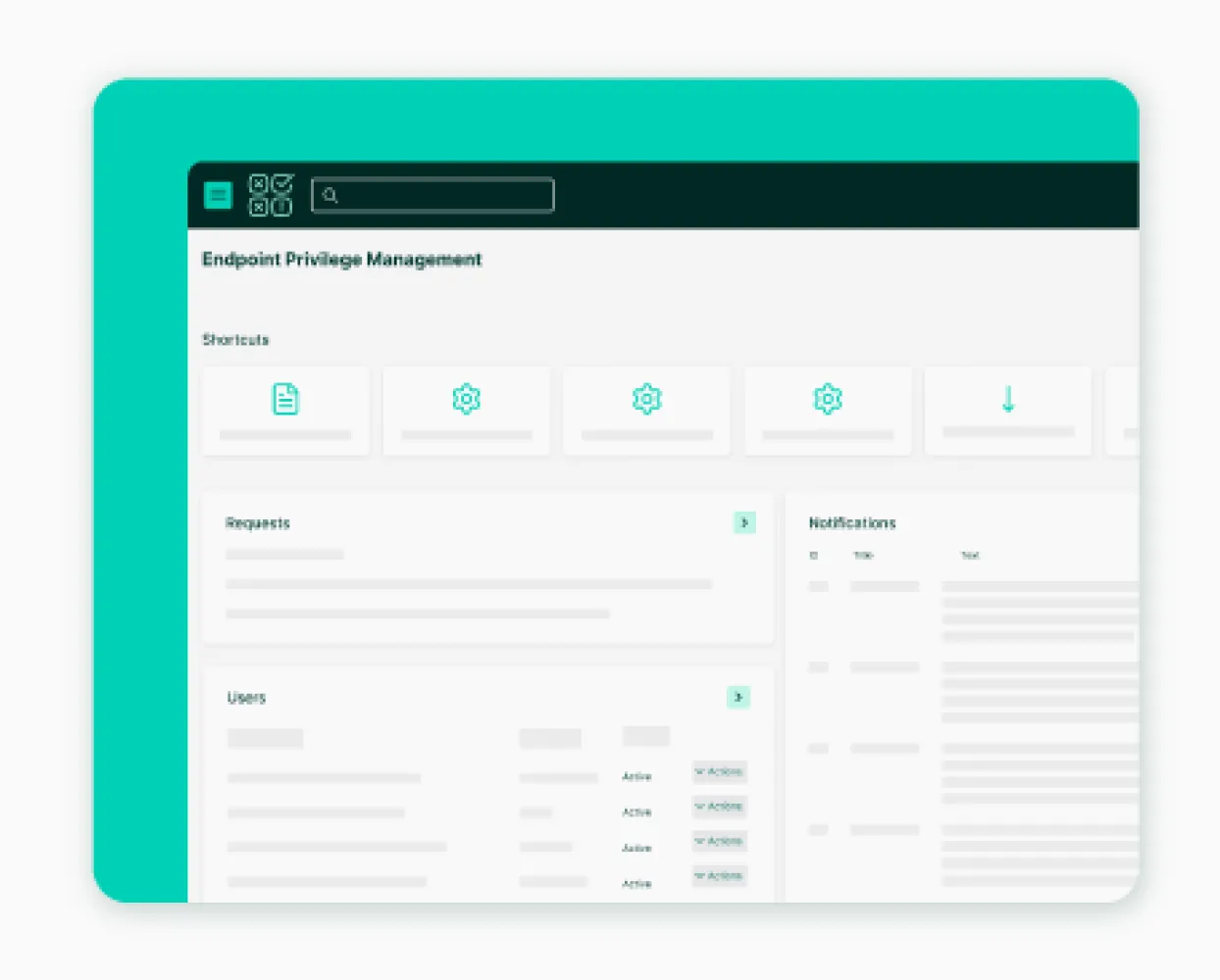 Segura™ EPM dashboard on a green backdrop, with shortcuts and request and user panels