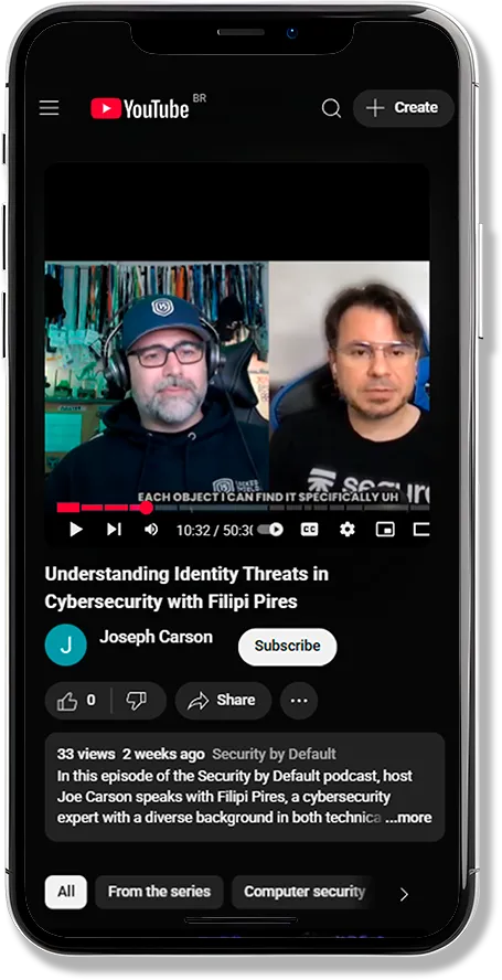Security by Default episode with Filipi Pires playing on YouTube on a phone